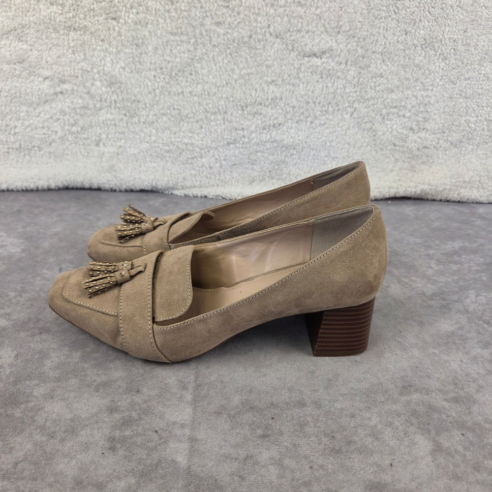 Kelly & Katie Tan Suede Tassel Block Heel Loafers Square Toe Pumps Size 7.5M